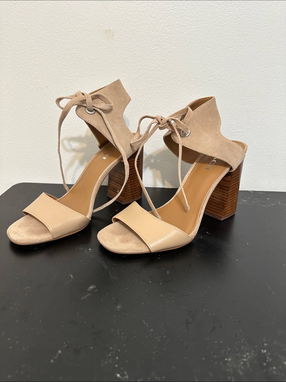 Coach Nude/Tan Suede & Leather Block Heel Sandals with Ankle Tie